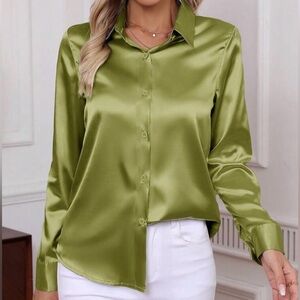 Satin blouse silky silk button down shirt top Olive green S 4 women’s chartreuse